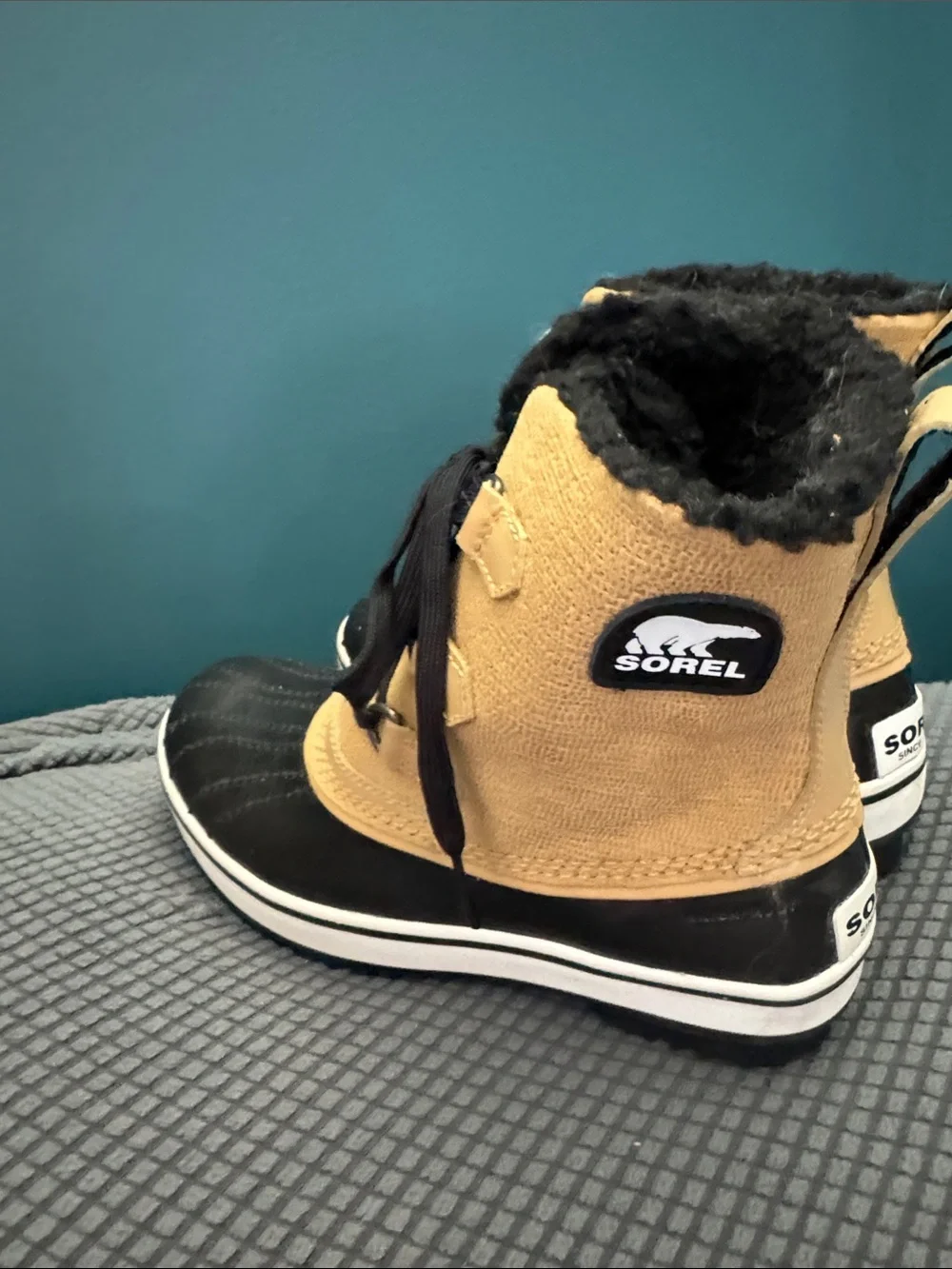 Sorel Two-Tone Lace-Up Winter Boot in Tan and Black